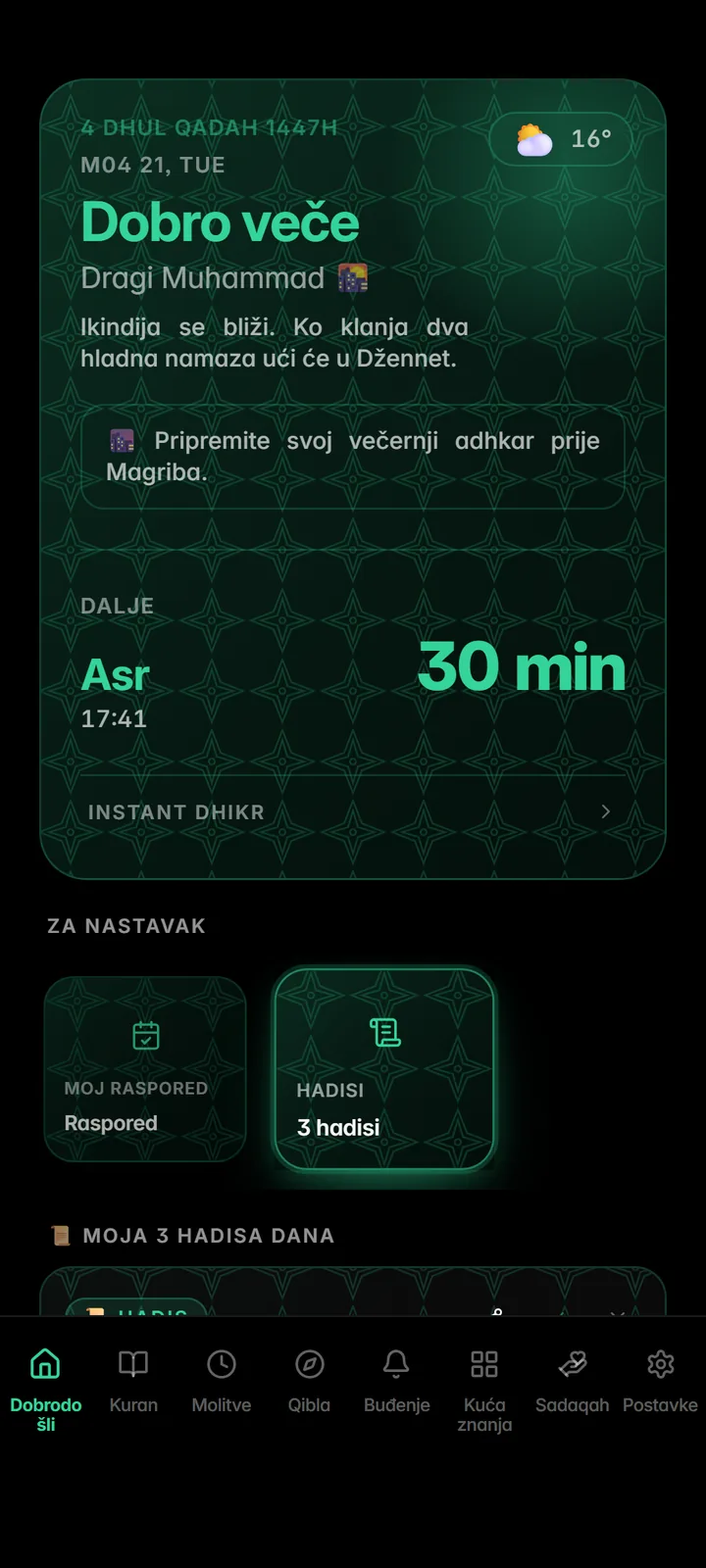 Početni ekran sa sljedećim namazom