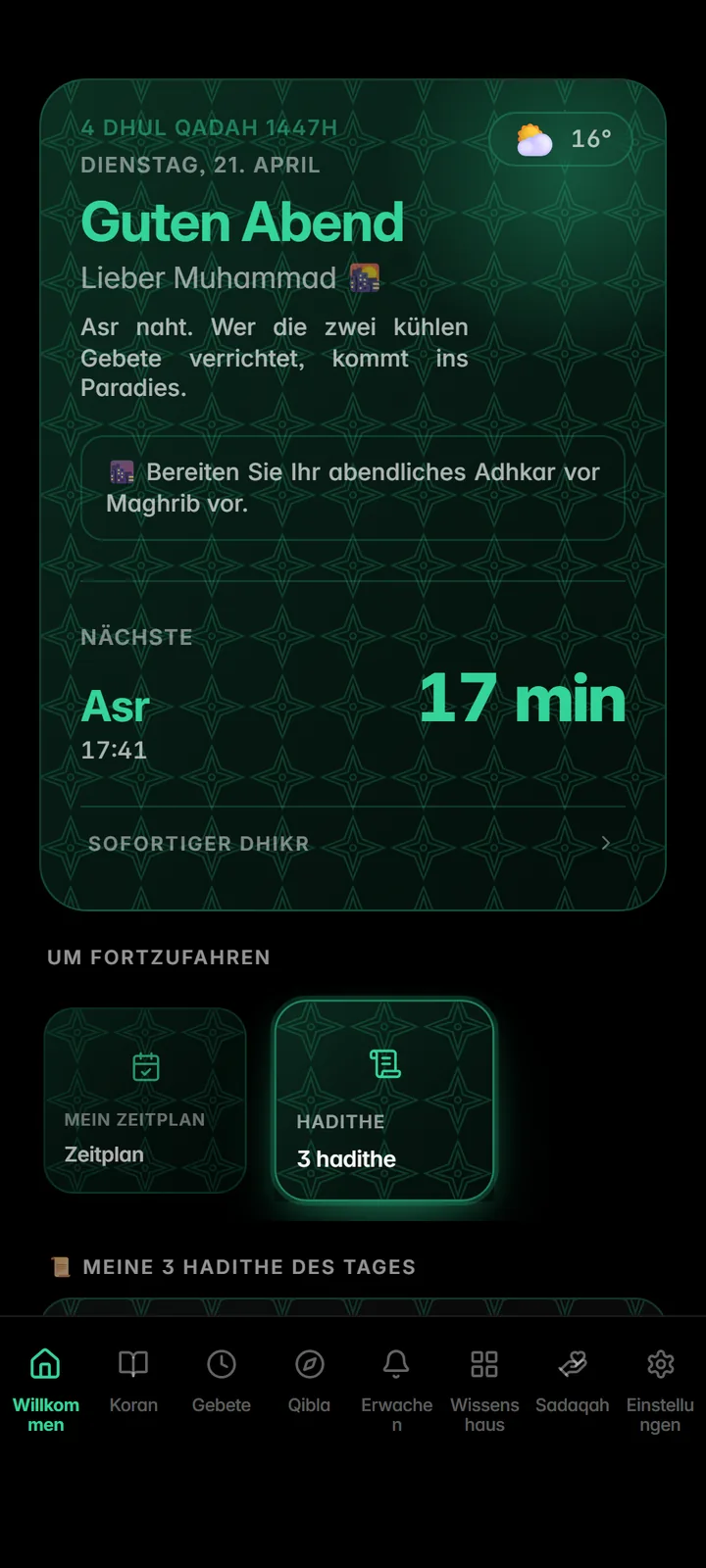 Startbildschirm mit dem nächsten Gebet