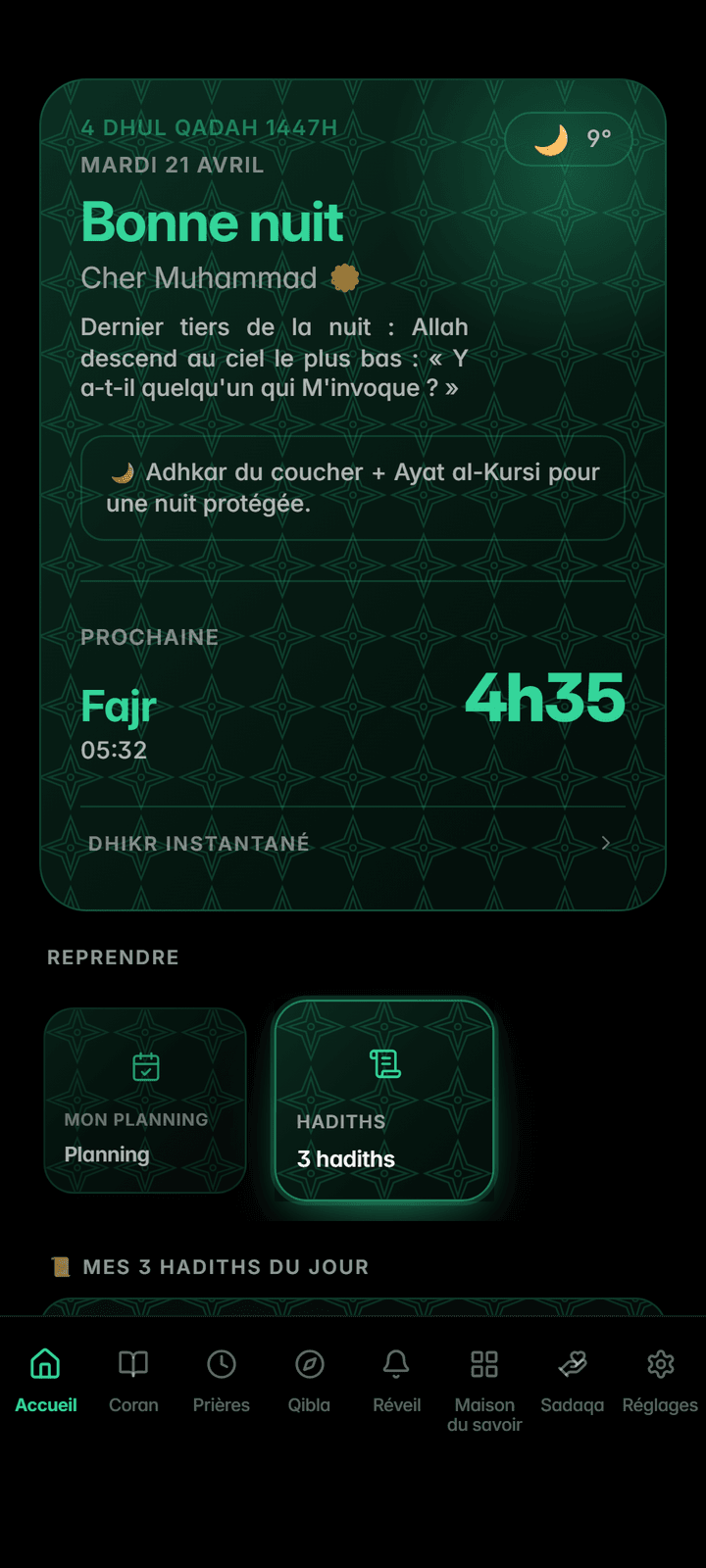 Écran d'accueil avec prochaine prière