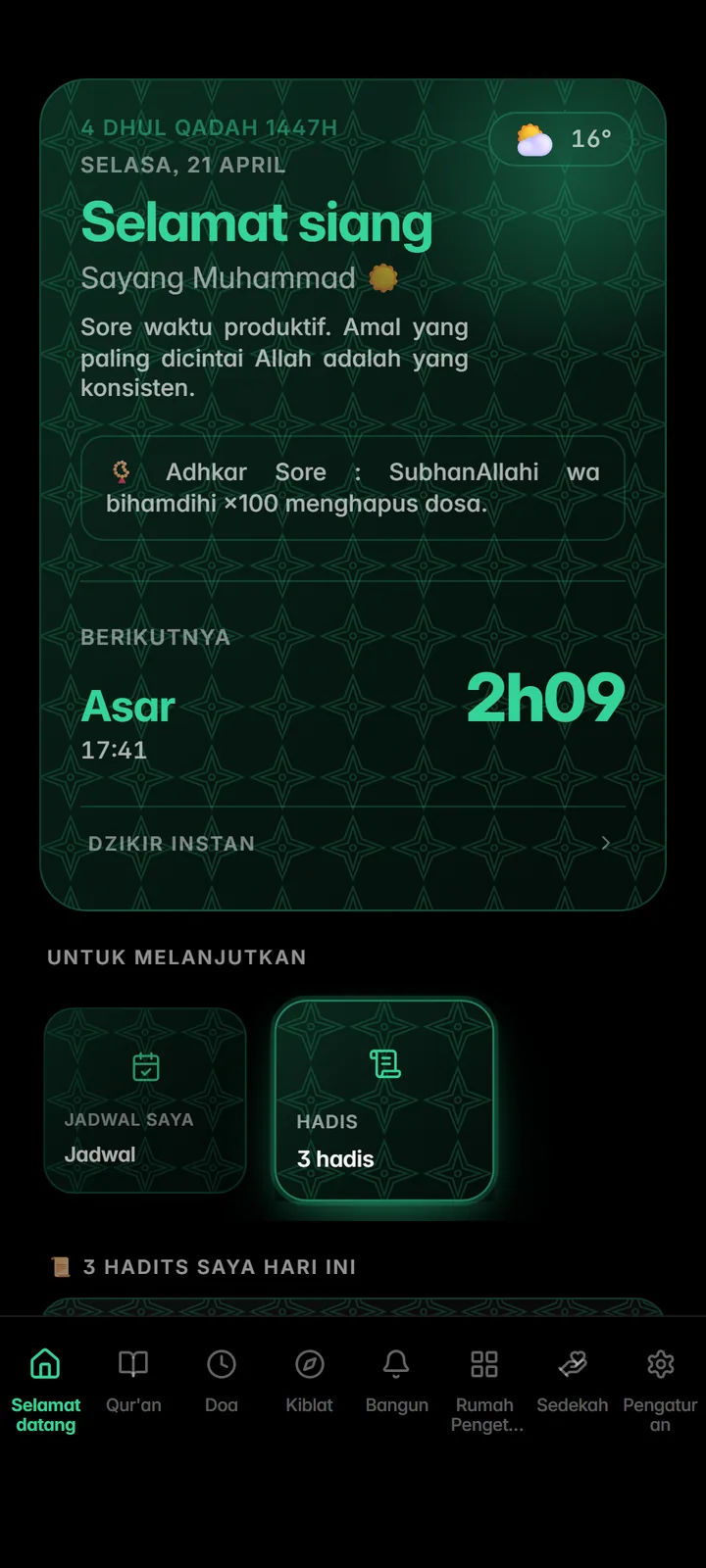 Layar utama dengan salat berikutnya