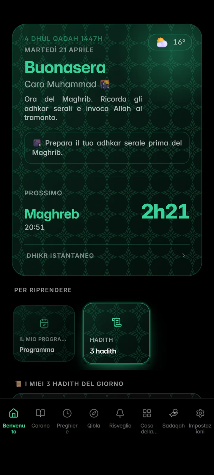 Schermata iniziale con la prossima preghiera