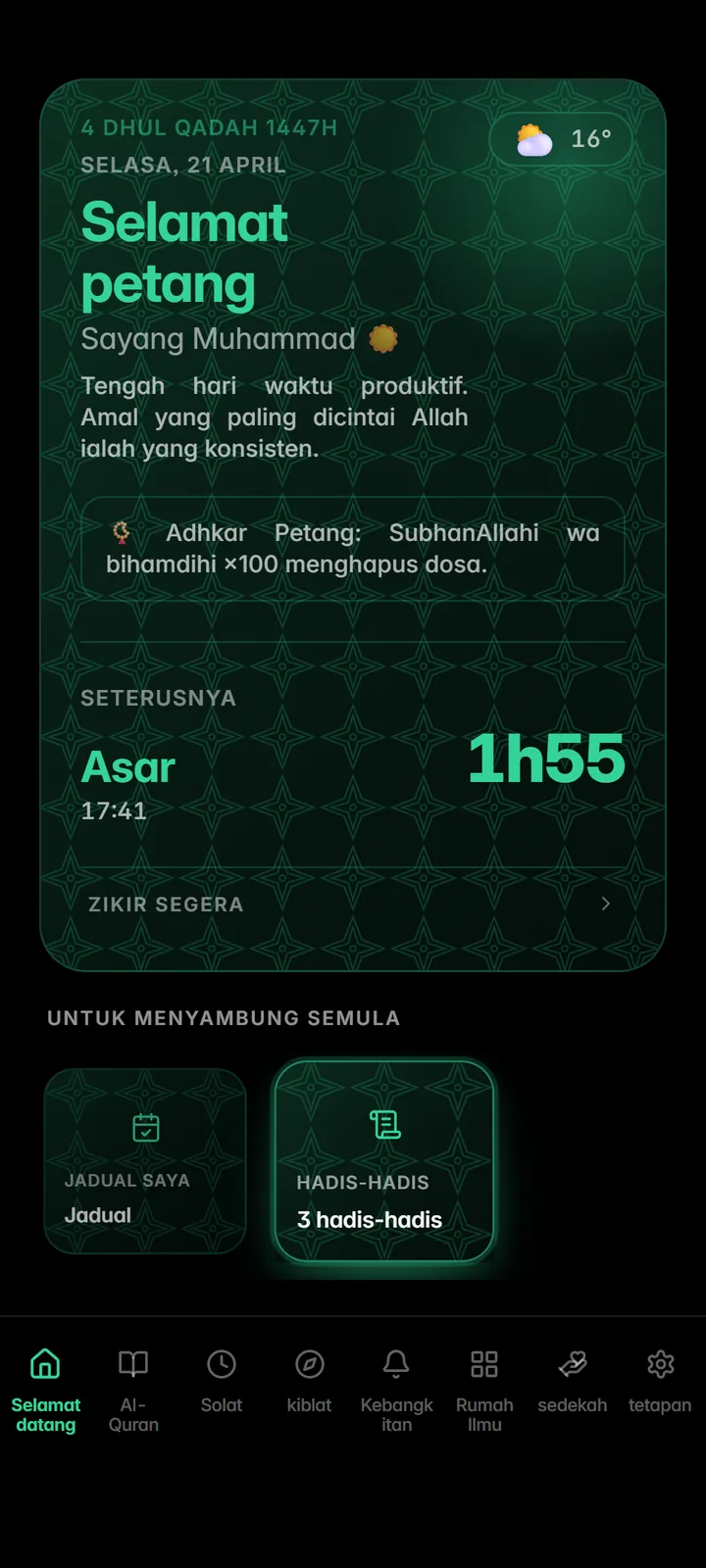 Skrin utama dengan solat seterusnya