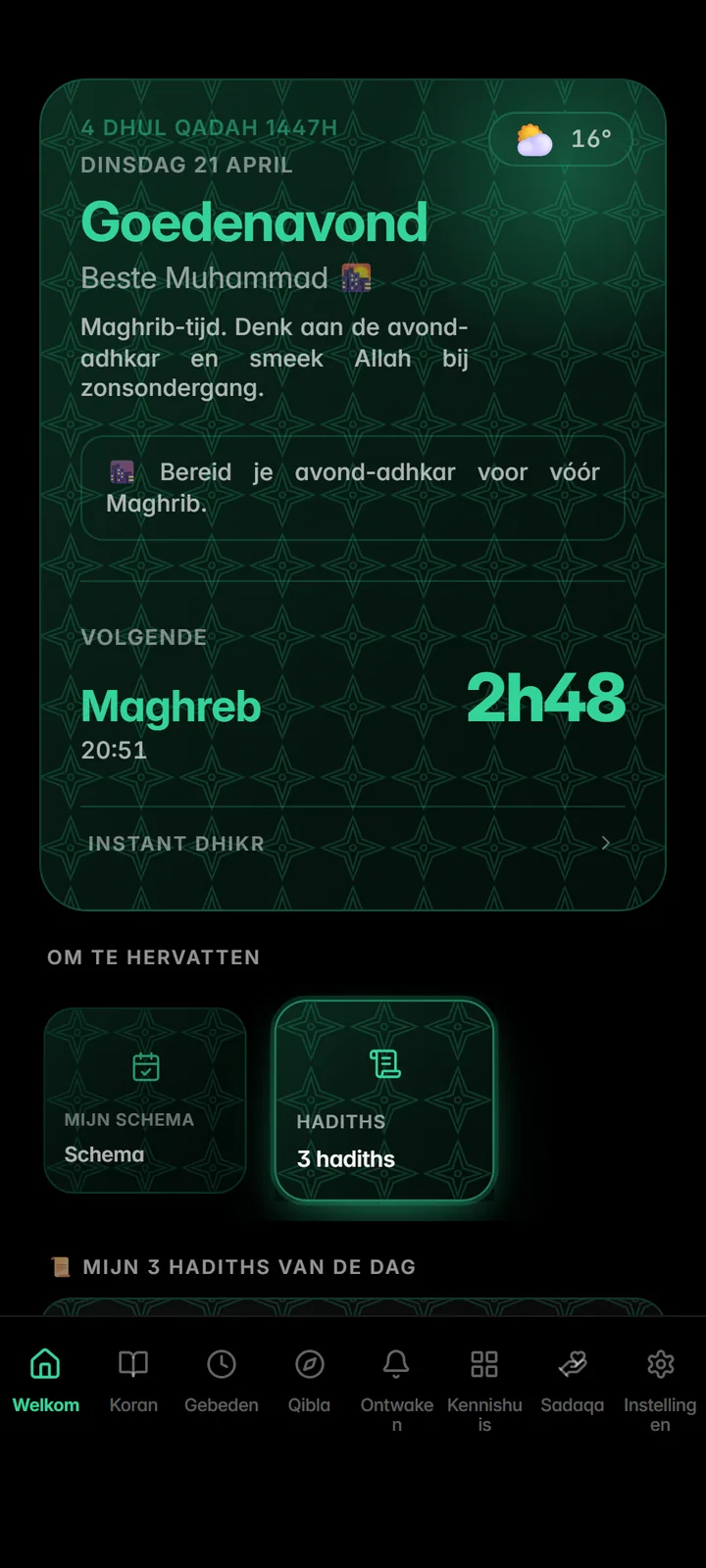 Startscherm met het volgende gebed