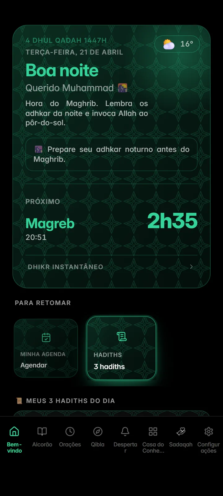 Tela inicial com a próxima oração