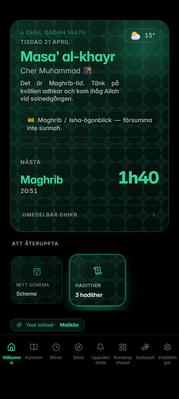 Startskärm med nästa bön