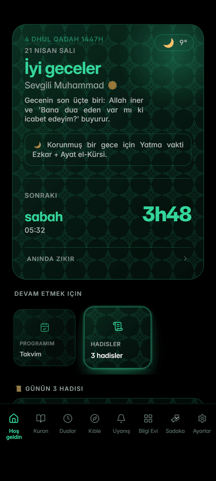 Sıradaki namazı gösteren ana ekran