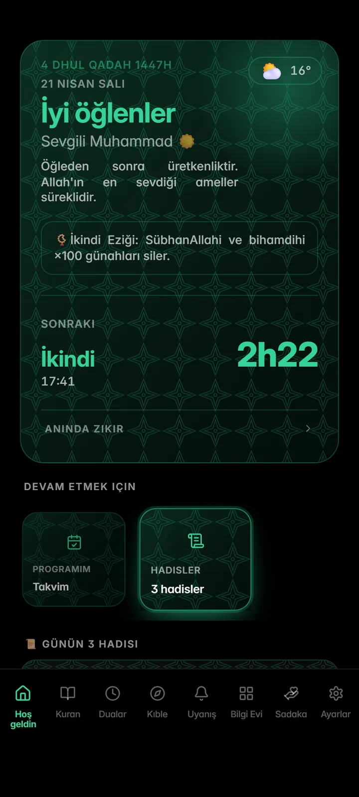 Sıradaki namazı gösteren ana ekran
