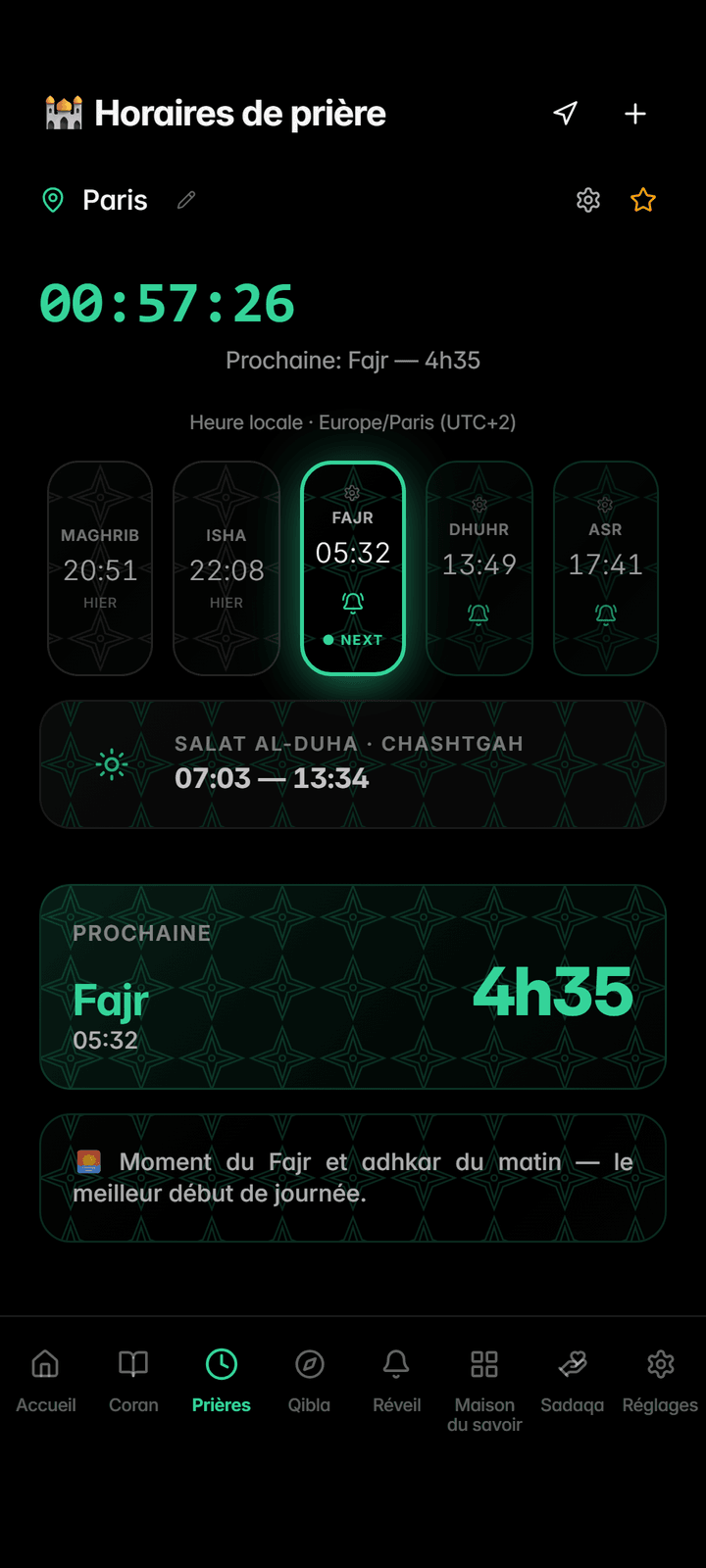 Horaires des 5 prières du jour