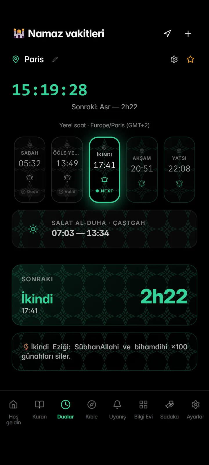 Günlük beş vakit namaz saatleri